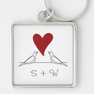 Llavero Pájaros de Amor Simple Moderno Corazón Rojo Monogr