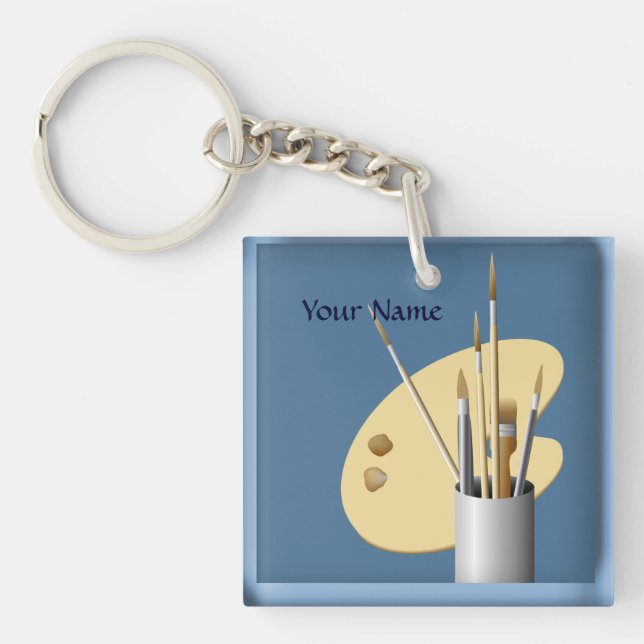 Llavero Paleta de artistas y brocha cadena de claves azul (Frente)