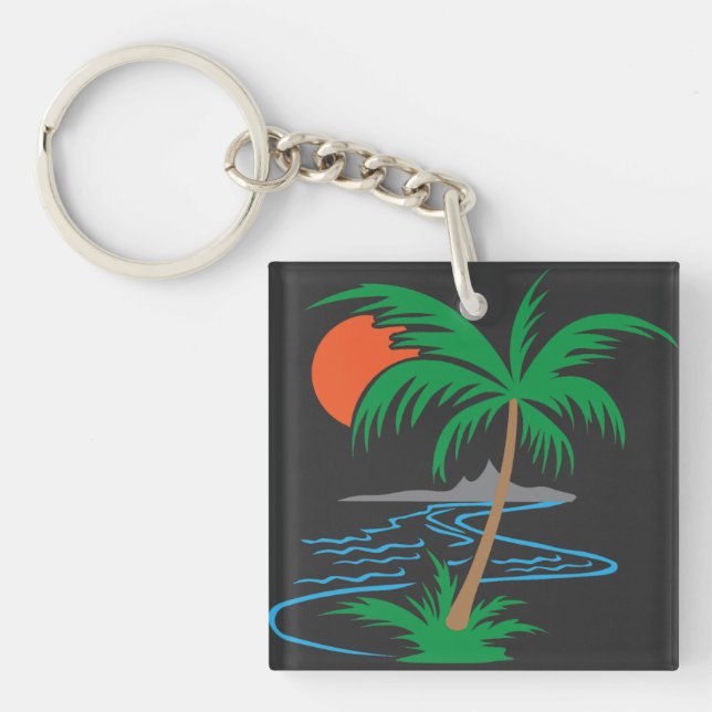 Llavero Palm Tree by the River | Tropical Sunset Art (Frente)