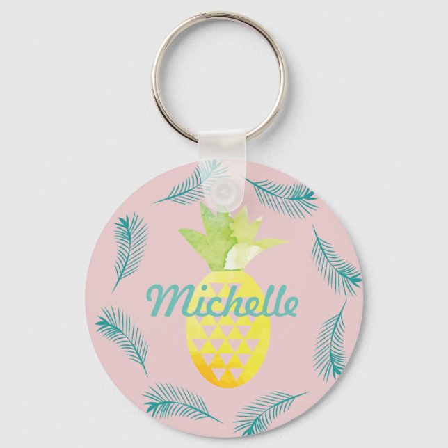 Llavero Palm Tree Tropical Pineapple Pink Name Keychain (Anverso)