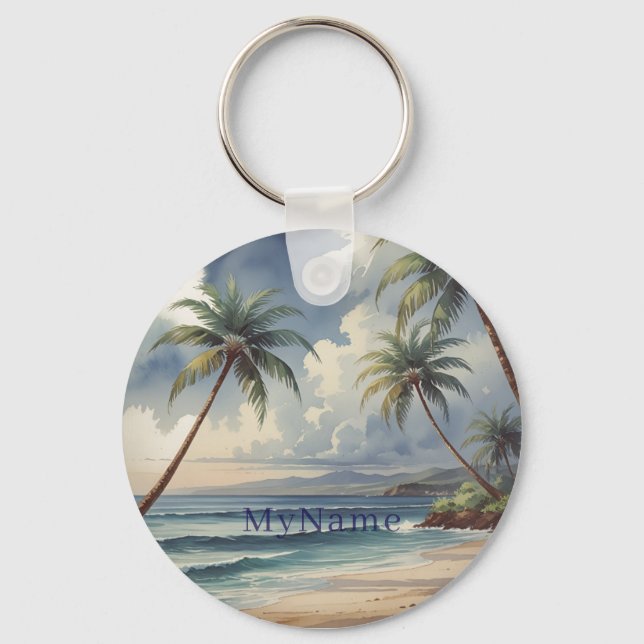 Llavero Palm Trees Hawaiian Travel Blue Sea Add Name (Anverso)