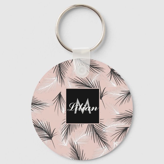 Llavero Palmas Negro Blanco Tono Terroso Monogramado Rosa (Anverso)