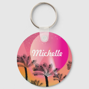 Llavero Palmera Tropical Patrón Neon Rosa Nombre 