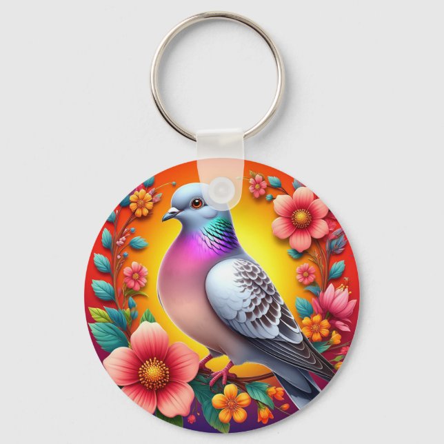 Llavero Paloma colorida rodeada de flores vibrantes (Anverso)