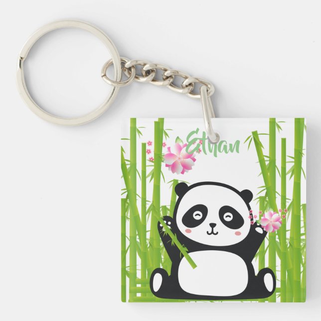 Llavero Panda feliz con flores de bambú y cerezo (Frente)