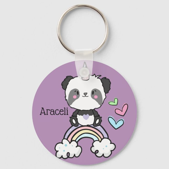 Llavero Panda morado unicornio sobre arcoiris personalizad (Anverso)