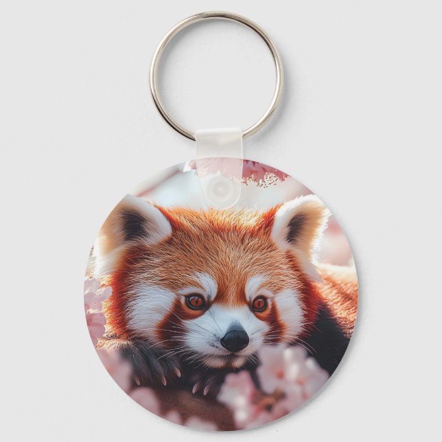 Llavero Panda Rojo Entre Flores De Cerezo (Anverso)