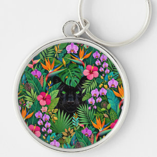 Llavero Pantera negra flores de la selva y follaje tropica