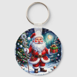 Llavero Papá Noel sosteniendo un regalo en una Navidad mág