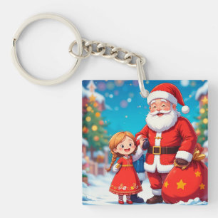 Llavero Papá Noel y niña con una bolsa de regalos