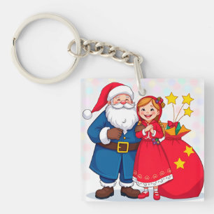 Llavero Papá Noel y niña con una bolsa de regalos