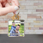 Llavero Papá te ama al exterior y la foto trasera<br><div class="desc">Cadena de fotos con una redacción completamente editable y tu propia foto. En la redacción actual se lee "papá, te amo al outfield & back" - perfecto para un papá de béisbol! pero puedes mantenerlo o editarlo como quieras. El diseño está escrito en tipografía moderna y escritura a mano. Por...</div>