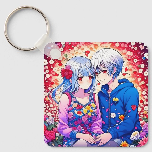 Llavero Pareja de anime, flores y corazón personalizado (Anverso)