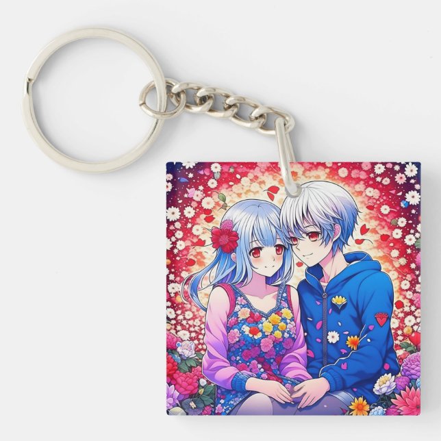 Llavero Pareja de anime, flores y corazón personalizado (Frente)