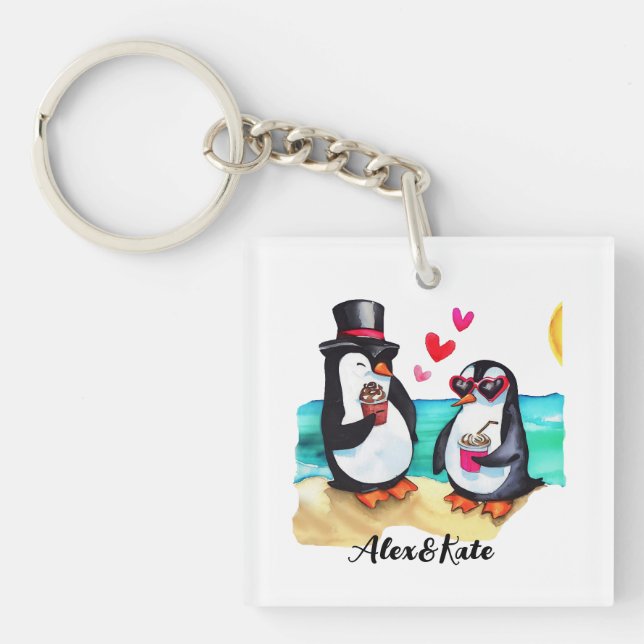 Llavero Pareja de pingüino divertida, animales enamorados (Frente)