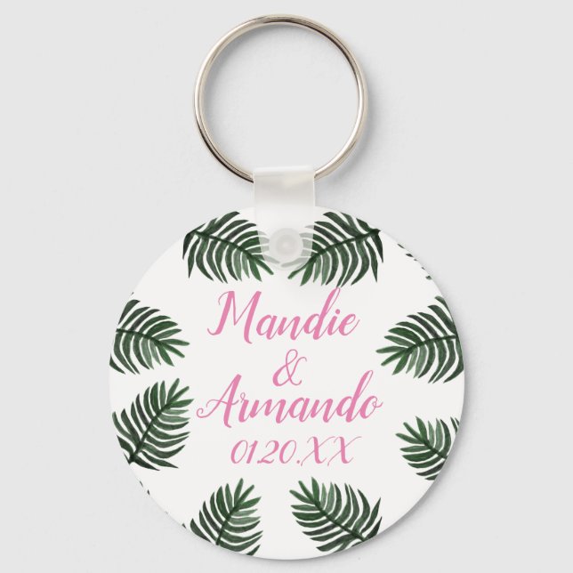 Llavero Parejas Boda de Verdor tropical Fecha (Anverso)