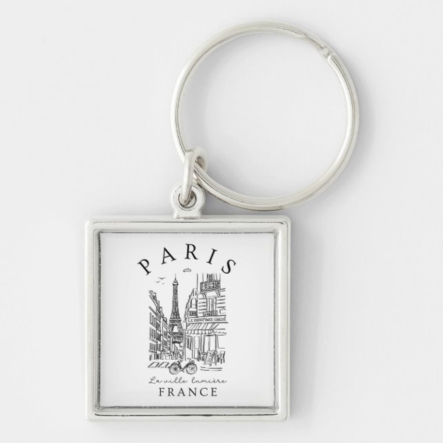 Llavero París Francia –  Boceto con Torre Eiffel y Café (Frente)