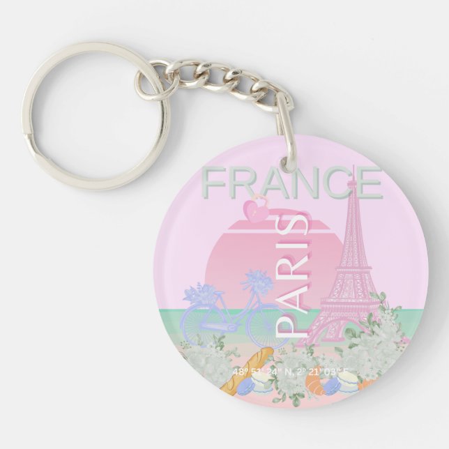 Llavero París, Francia, Viajes, Preppy, Pastel, Rosa (Frente)
