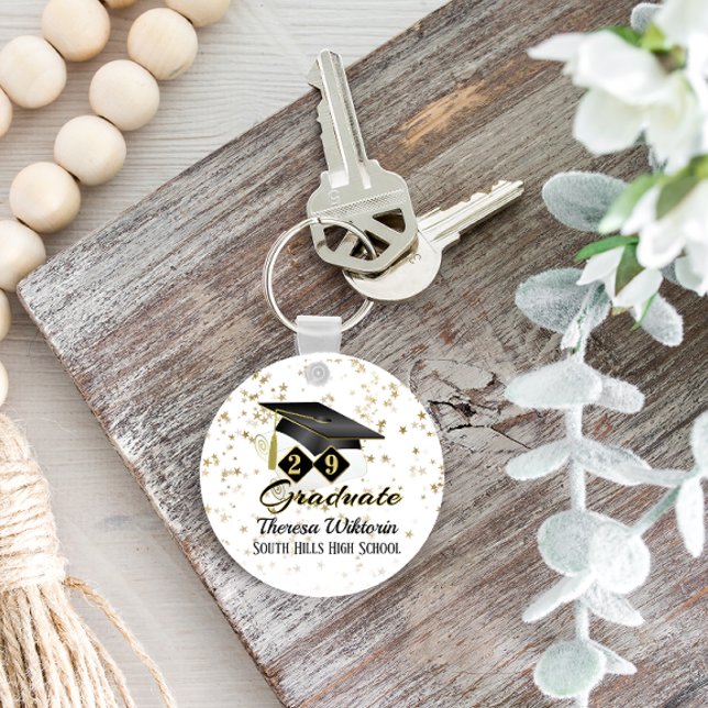 Llavero Partido de Graduación Personalizada Oro Negro (Personalized Graduation Party Black Gold Keychain)