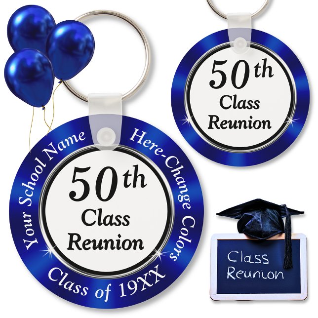 Llavero Partidos personalizados favorecen reunión de 50 cl (50th Class Reunion Party Favors. Blue, White and Black, 50th Class Reunion Favors. )
