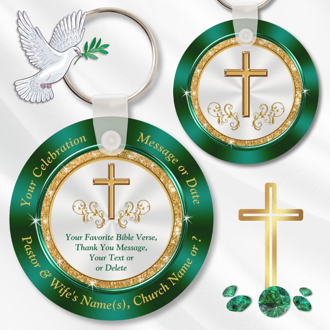 Llavero Partidos religiosos y personalizados favorecen a l (Personalized Christian Party Favors, 20th church anniversary. 20th Pastoral anniversary. Green Gold.)