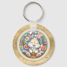 Llavero Pascua feliz con conejo, huevos y flores
