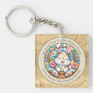 Llavero Pascua feliz con conejo, huevos y flores