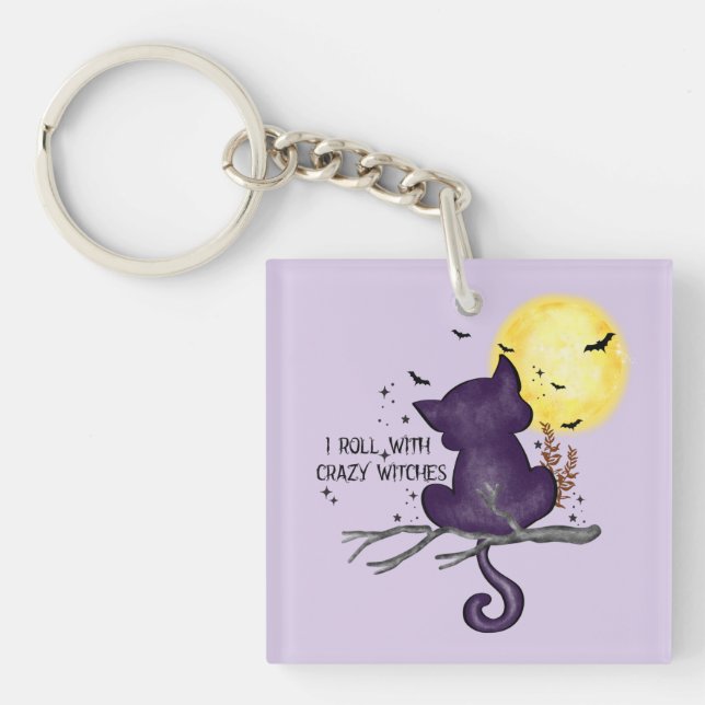 Llavero Paseo Con Testigos Locos - Gato Negro Y Luna Llena (Frente)