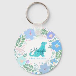 Llavero Pastel Blue Golden Retriever Floral Foto y Nombre