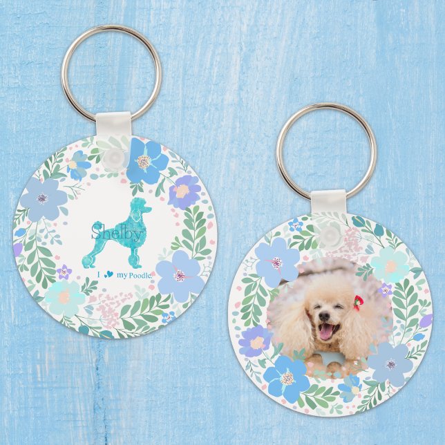 Llavero Pastel Blue Poodle Custom Floral Name & Photo (Subido por el creador)