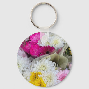 Llavero Pastel Floral Rosa, Crisantemo Amarillo y Blanco