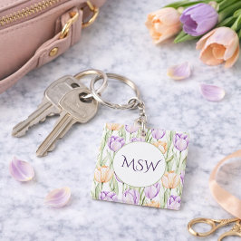 Llavero Pastel Peach Purple Tulips Spring Floral Monogram