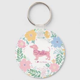 Llavero Pastel Pink Dachshund Name & Photo with Wreath