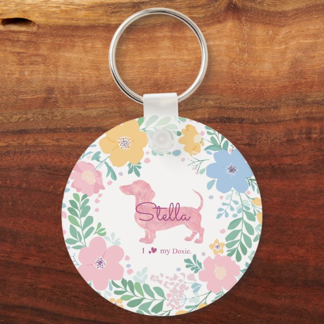 Llavero Pastel Pink Dachshund Name & Photo with Wreath (Anverso)