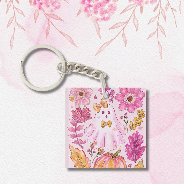 Llavero Pastel Pink Halloween Ghost with Flowers and Pumpk (Subido por el creador)