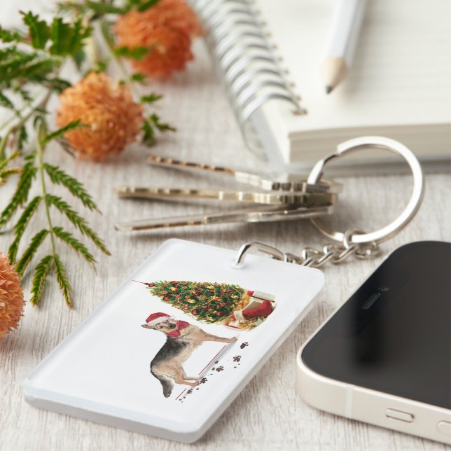 Llavero Pastor alemán Navidades graciosos perro con árbol (Frente Derecha)