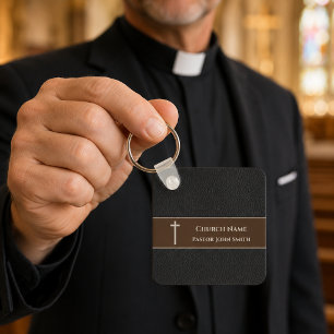 Llavero Pastor de la Iglesia Cuero Negro Cristiano