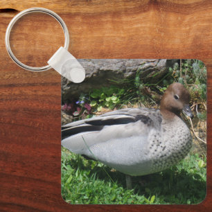 Llavero Pato de Madera Australiano en Jardín Tranquilo
