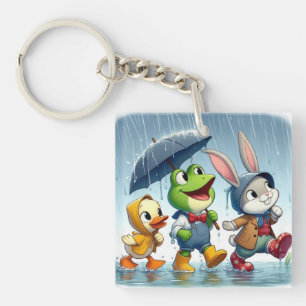 Llavero Pato lindo, rana, conejito bajo la lluvia