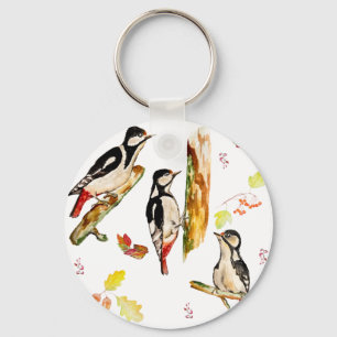 Llavero Patrón acuarela con pájaros carpinteros