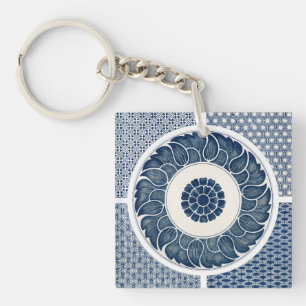 Llavero Patrón Antiguo de Porcelana Blanca y Azul Chino