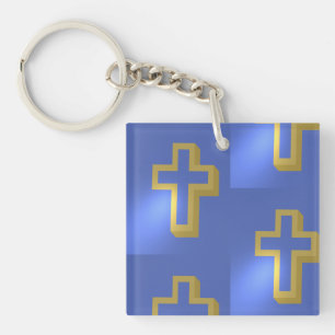 Llavero Patrón azul de cruz religiosa cristiana de oro de 