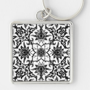 Llavero Patrón chino de Art Nouveau - blanco y negro