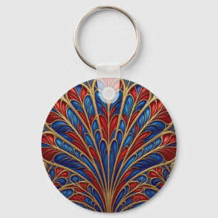 Llavero Patrón de abanico de pavo real ornamentado azul ro