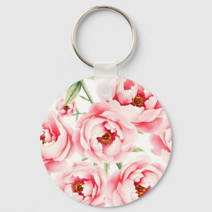 Llavero Patrón de acuarela de flores de peonía rosadas