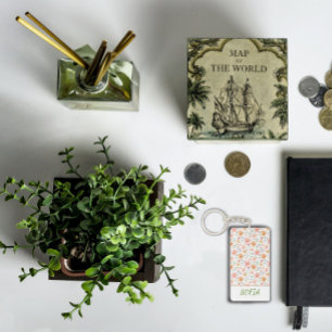 Llavero Patrón de acuarela de flores nombre naranja amaril