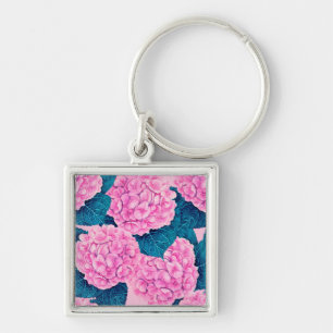 Llavero Patrón de acuarela de hidrangea, rosa y azul