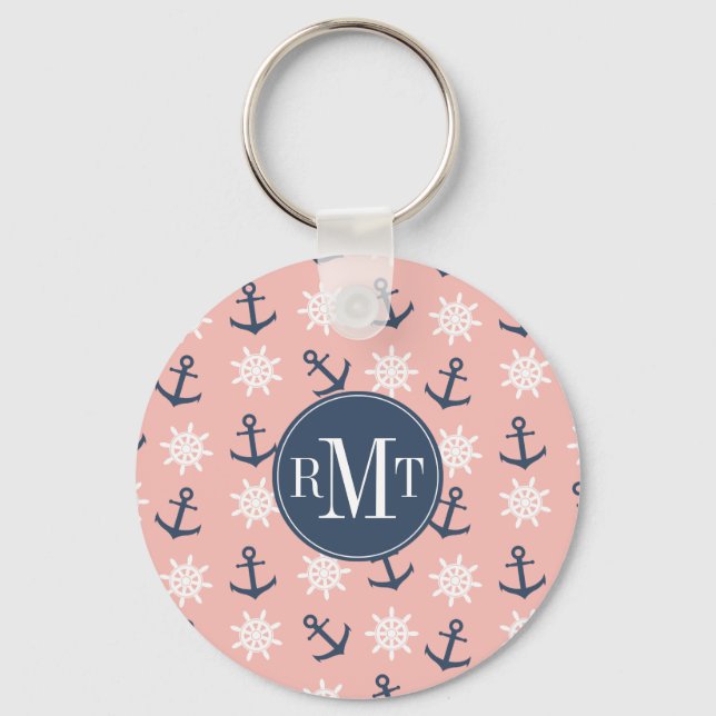 Llavero Patrón de anclaje y rueda azul marino de coral náu (Anverso)