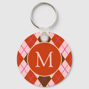 Llavero Patrón de Argyle Rojo Rosa y Marrón con Monograma