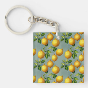 Llavero Patrón de arte de limones y hojas vintage sobre gr